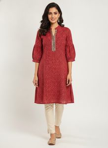 Red Short Kurta with golden sewuenve work on neck