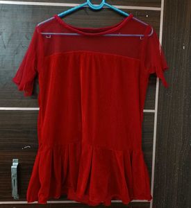 Red Velvet & Mesh Peplum Top