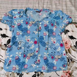 Blue Paisley Print Button-Up Blouse
