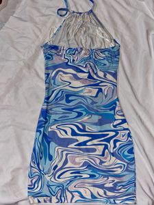 SHEIN Blue Swirl Print Halter Neck Dress