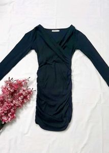 Black Gathered/Ruched Bodycon Dress