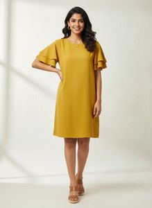 Mustard Dress with Ruffle Sleeves