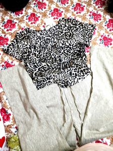 Stylish Leopard Print Tiered top and beige pantset