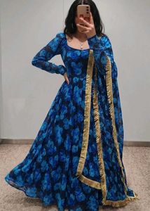Blue Floral Anarkali with Dupatta (Size M)
