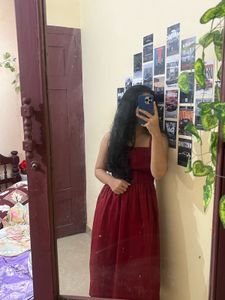 Maroon Smocked Button-Up Midi Dress