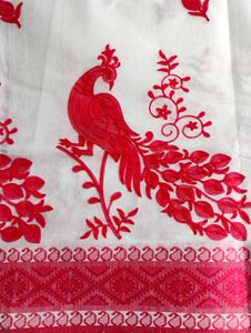 Elegant White Saree with Red Peacock