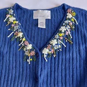 Blue Cardigan with Floral Embroidery&amp; Embel