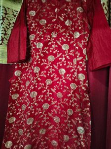Red &amp; Gold Embroidered Kurta Set From Ishin