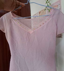 Sheer Pink V-Neck Top with beaded neckline