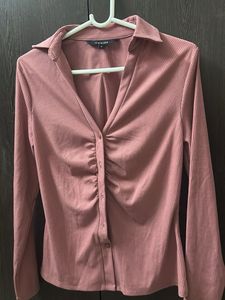 Topshop Pink Ribbed Button-Up Top
