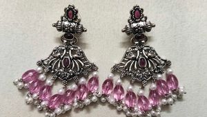 Boho Silver Jhumka Earrings with Pink Beads