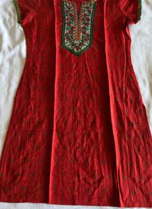 Red Printed Kurta with Embroidered Neck