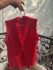 Red Knit Vest with Buttons