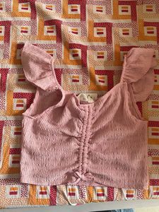 y2k Pink Ruched Crop Top with Flutter Sleeves