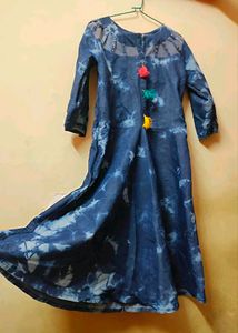 Denim Blue Tie-Dye Maxi Dress with Tassels