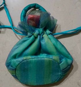 Teal Striped Drawstring Pouch