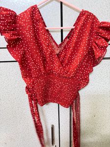 Red Polka Dot Ruffle Wrap Top