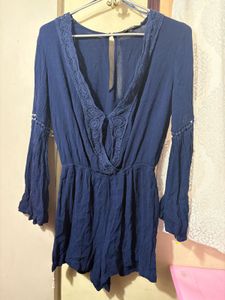Navy Blue Romper with Crochet Detail playsuit