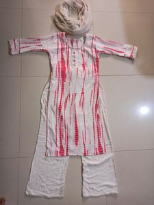 Pink&amp;White Color Kurti Palazo Set With Dupatta