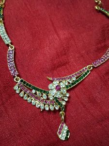 Gold Plated Necklace with pink and green stone