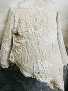 Beige Floral Print Kurta with Lace Trim