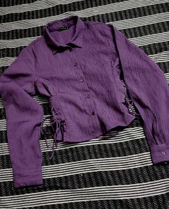 Purple Textured Button-Up Shirt with Side Tie Deta