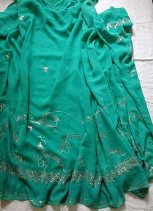 Elegant Green Embroidered Saree with readymade blo