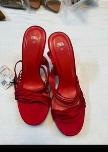 ZARA Red Strappy Heeled Sandals