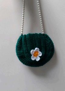 Crocheted Green Daisy Bag with Pearl Strap