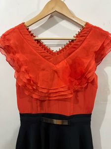 S Orange &amp; Black Ruffle Belted Fit &amp; Flare Dress