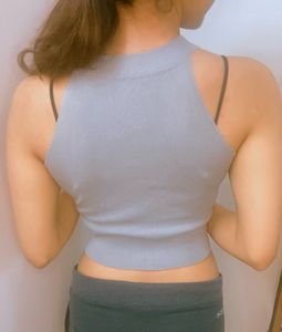 Grey Zip Neck Ribbed Tank Top