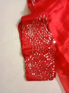 Beautiful Red Organza Real Mirror Work Saree With