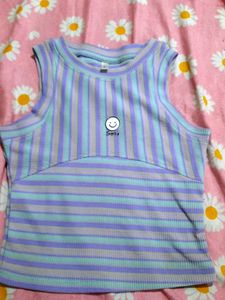 Striped Sleeveless Top with Smile Graphic