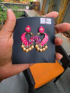 Vibrant Pink &amp; Gold Drop Earrings