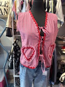 Red Gingham Heart Pocket Vest