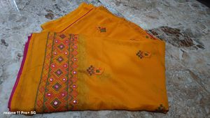 Yellow Embroidered Saree with Mirror Work