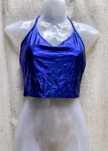 I. Shiny Blue Halter Neck Crop Top