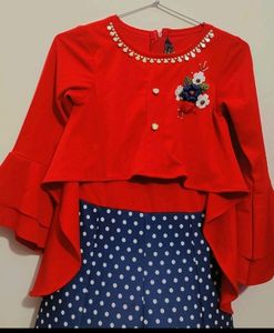 Red &amp; Blue Dotted Print Dress For Girl 12- 14 Year