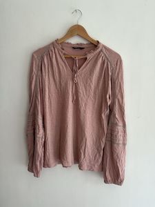 Pink Long Sleeve Tie Neck Top with lace