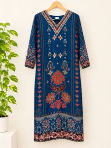 Blue Printed V-Neck Kurta
