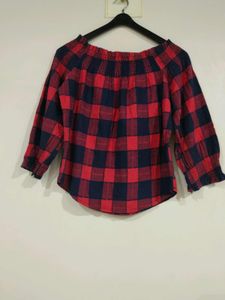 Off Shoulder Red &amp; Navy checkered Top