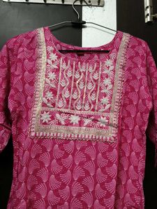 Pink Printed Kurta with White Embroidery