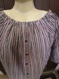 Striped Off-Shoulder Button-Up Top