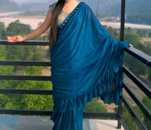 ⚡Stitched Teal Saree With Blouse💙