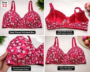 Red Floral Printed padded Bra | Size 32 | Adjustab