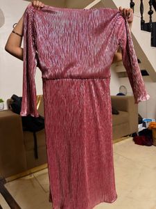 Metallic Pleated V-Neck Dress