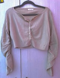 Beige Ribbed Cropped long Sleeve Cardigan