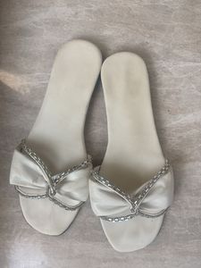 White Embellished Bow Slides