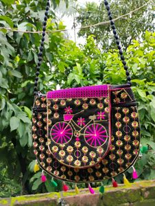 Embroidered Black Bicycle Sling Bag NEW