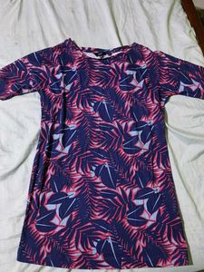Tropical Leaf Print Navy Dress